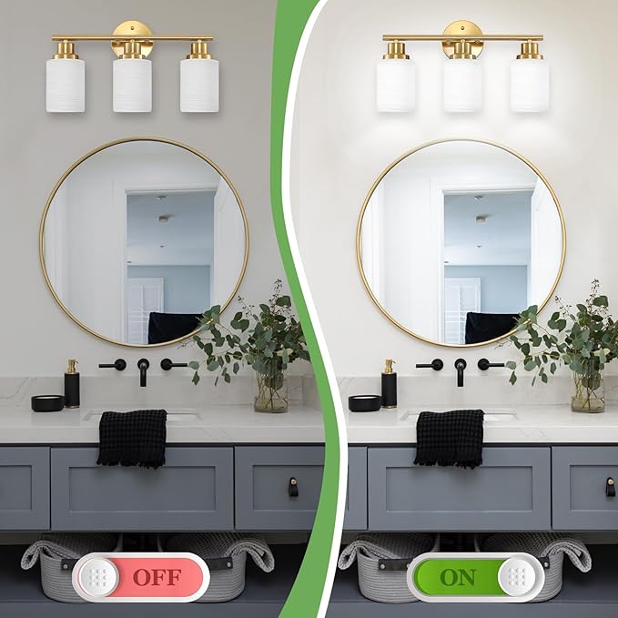 3-Light Bathroom Light Fixtures, Vanity Lights for Mirror with Textured Milky White Glass Shade, Modern Kitchen Light Fixtures Wall Sconce Light - E26 Base - Brushed Gold