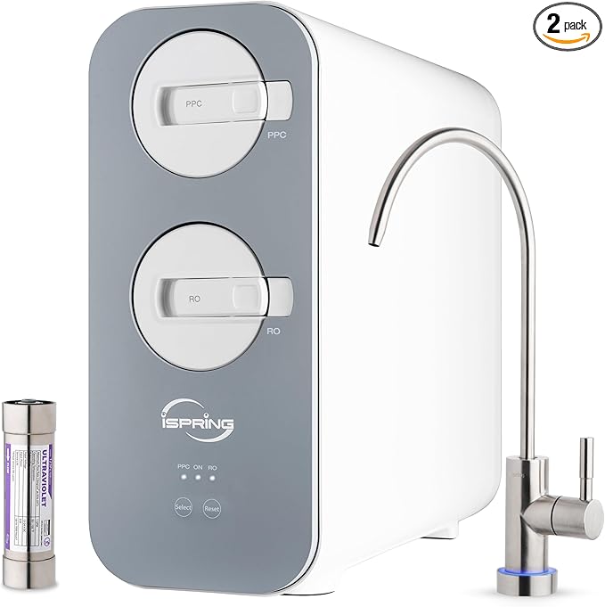 iSpring RO800G+UVF8 Tankless Reverse Osmosis System with LED UVF8 Light, 800 GPD Fast Flow RO System, 2.5:1 Pure to Drain Ratio RO Water Filter System, Brushed Nickel Faucet