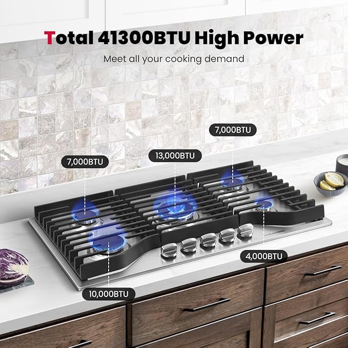GASLAND Master 36 Inch Gas Cooktop with Griddle PRO GH3905SS1FC with 5 Burners,CSA certified, 120V Plug-in, NG/LPG Convertible