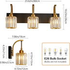 3-Light Crystal Vanity Light, Modern Black Gold Bathroom Wall Sconce with K9 Crystal Shades, 23.62" Long Over Mirror Lighting for Vanity, Makeup, Hallway, Elegant & Durable