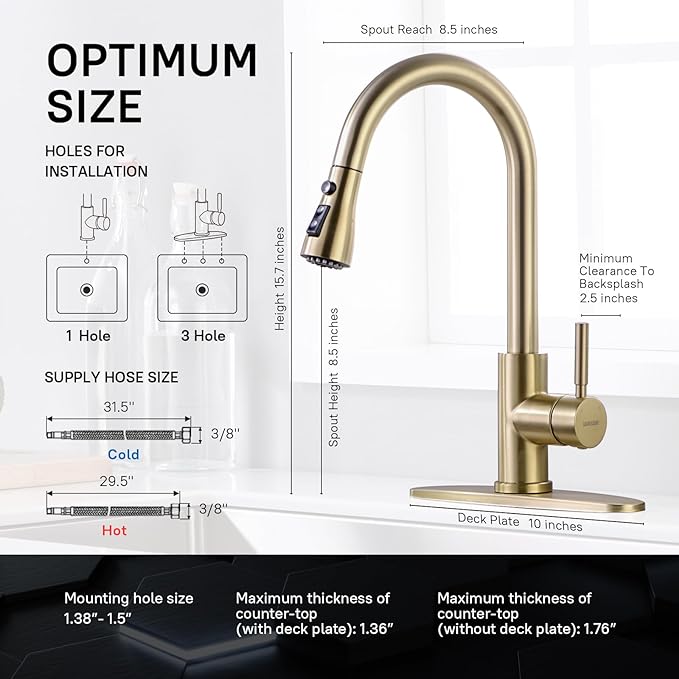 WEWE Brushed Gold Kitchen Faucet with Pull Down Sprayer, Single Handle Gold Kitchen Sink Faucet Stainless Steel Brass Copper Commercial RV 1 or 3 Hole, Champagne Bronze