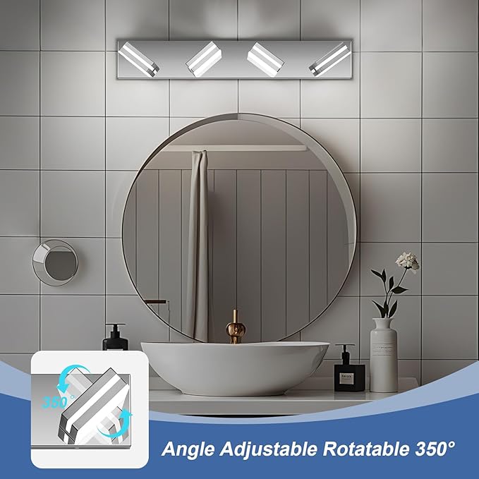 Modern LED Bathroom Lights Fixtures(4-Light),Metal Chrome Acrylic Wall Lighting,Vanity Lights for Bathroom Over Mirror(6000k 27In