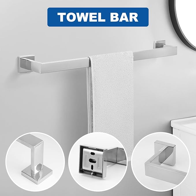Cilee 15-Pieces Bathroom Hardware Set - Polished Chrome Bathroom Accessories, 24 Inch Towel Bar, Square Towel Ring, Toilet Paper Holder, Towel Hook, Wall-Mounted Stainless Steel Towel Bar Rack Set