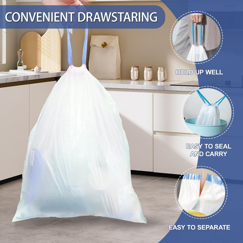 240 Count 2 Gallon Trash Bags Drawstring - Thick Small Garbage Bags Unscented,0.96 Mil White Mini Trash Can Liners,Strong Waste Basket Bags 7.5 Liter for Home Bathroom Office Car
