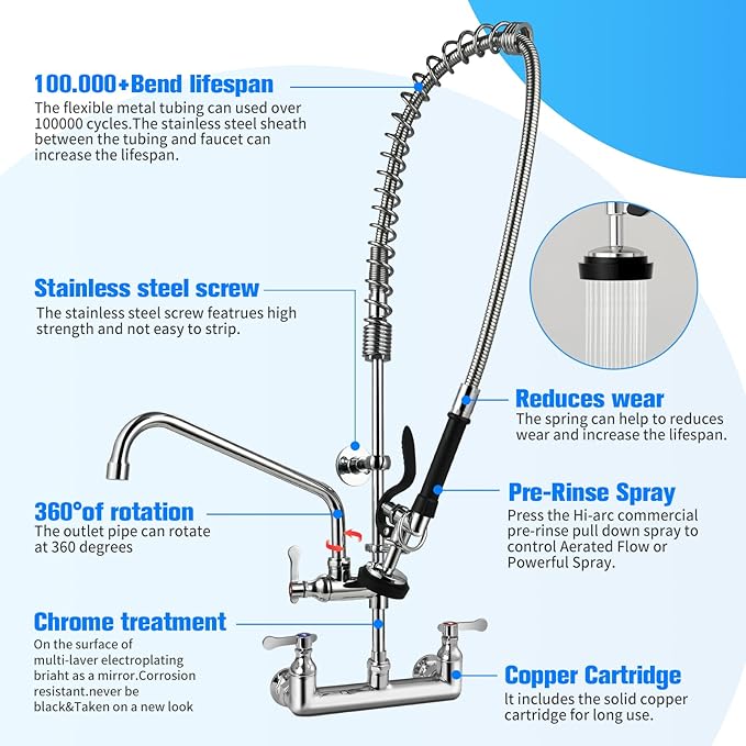 Commercial Sink Faucet with Sprayer 36" Height 8" Adjustable Center, Commercial Wall Mount Kitchen Sink Faucet with Pre-Rinse Sprayer and 12" Swing Spout for Restaurant Industrial