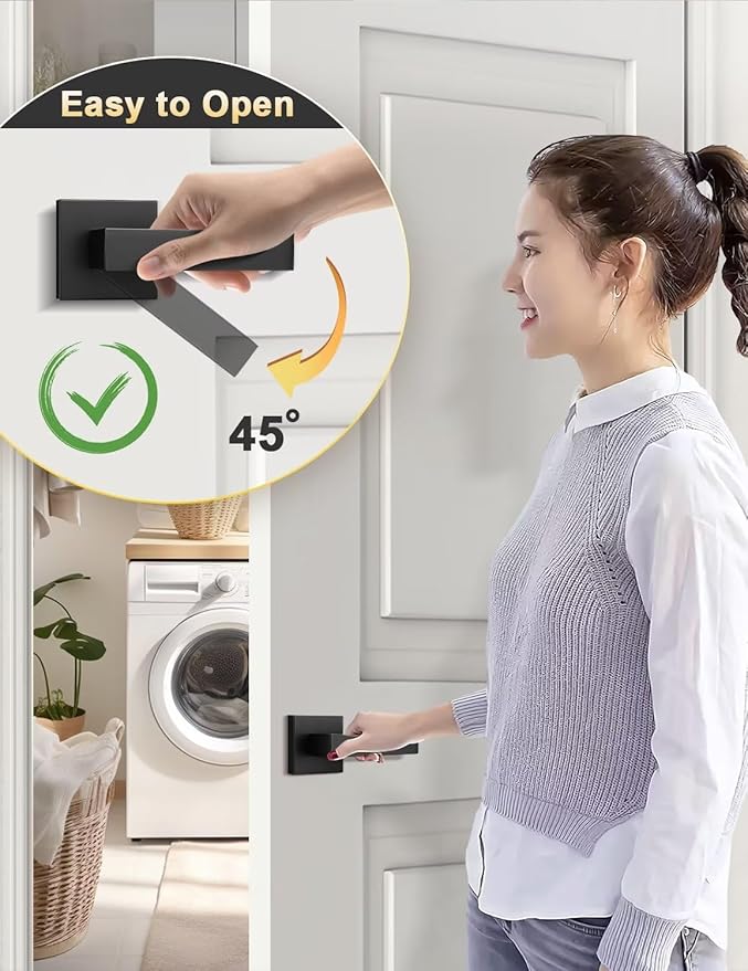 Square Black Door Handles Interior, No Lock Passage Door Lever for Left or Right Handing, Heavy Duty Matte Black Closet Door Handle Set, 1 Pack