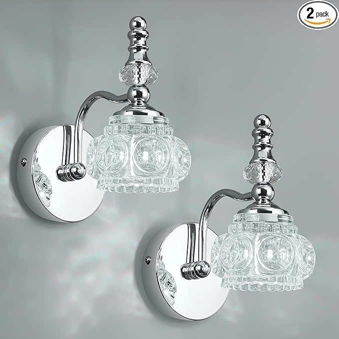 Modern Wall Sconces Set of Two Indoor Lamp Chrome Vintage Glass Light Bathroom Vanity Fixture Wall-Mounted Room Lighting