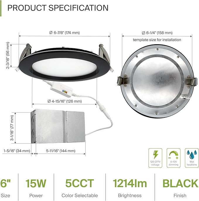 ASD Recessed Lighting 6 Inch Round Commercial LED Downlight, Mini Panel Baffle Trim, 15W 120-277V, 5 CCT 2700K/3000K/3500K/4000K/5000K, Dimmable LED Ceiling Light Fixture, Black, ETL, 6 Pack