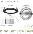 ASD Recessed Lighting 6 Inch Round Commercial LED Downlight, Mini Panel Baffle Trim, 15W 120-277V, 5 CCT 2700K/3000K/3500K/4000K/5000K, Dimmable LED Ceiling Light Fixture, Black, ETL, 6 Pack