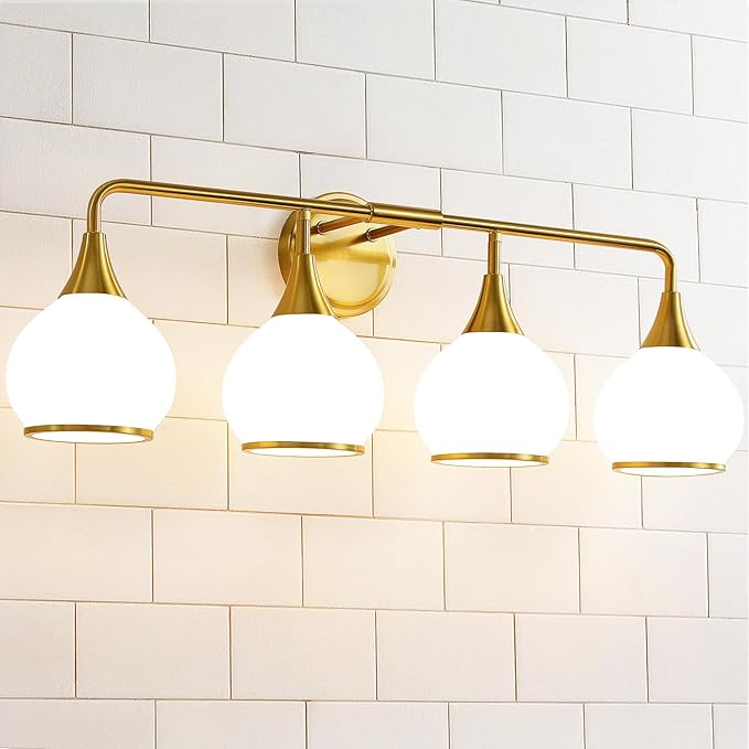 Brass Gold Bathroom Light Fixtures 4-ights Vanity Lights with Milky White Frosted Glass Shade Bathroom Vanity Light 30.7 inch Wall Sconce Lighting Bath(Exclude E26 Bulb)
