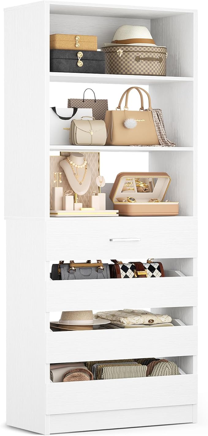 Aheaplus Wood Closet Organizer with 4 Drawers, 21.3" Closet System Tower with Open Shelves, Modular Walk-in Drawers System, Tall Storage Cabinet Unit, White