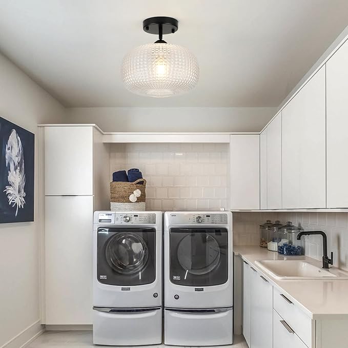 WILON Glass Flush Mount Ceiling Light Globe Black Ceiling Light Fixture Modern Farmhouse Lighting Vintage Semi Flush Ceiling Lamp for Kitchen Hallway Bedroom Entryway Laundry Living Dining Room