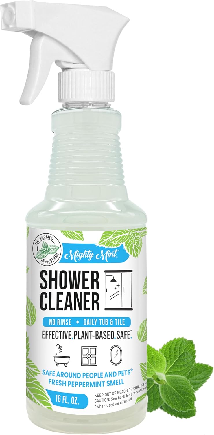 Mighty Mint Shower Cleaner, No-Rinse, No-Scrub, Daily Spray for Glass, Tile, Grout, Fresh Peppermint Scent, 16oz
