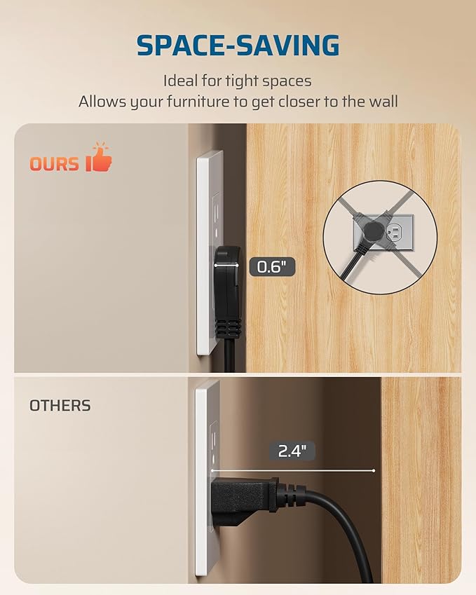 DEWENWILS 10FT Flat Plug Extension Cord, 360° Rotating Plug, 3 Prong Ultra Thin Power Strip, 13A/125V/1625W, 16 Awg Grounded Flat Power Cable for Indoor Narrow Space, SPT-3, ETL Listed, Black