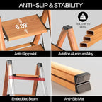 GameGem 4 Step Ladder, Aluminum Folding Step Stool with Anti-Slip Sturdy and Wide Pedal, Lightweight Portable Stepladder for Home and Kitchen Use, Woodgrain, 330 lbs