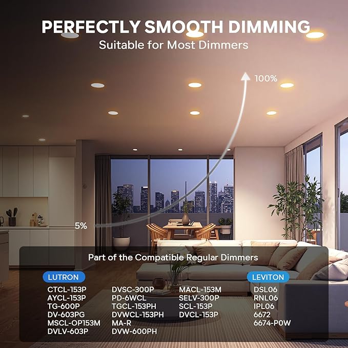 LVWIT Ultra-Thin Recessed Lighting 8 Inch with Junction Box, 1620LM High Luminance 2700K-5000K 5CCT LED Ceiling Lights, Dimmable Canless Wafer Downlight, ETL,FCC&IC, Smooth Trim, 6 Pack