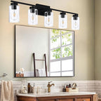 5 Light Bathroom Vanity Light Fixtures, Matte Black Modern Wall Lights with Clear Glass Shade, Vintage Wall Sconce Lighting for Living Room, Mirror, Bedroom, Hallway (Black, 5-Lights)