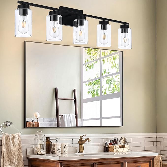 5 Light Bathroom Vanity Light Fixtures, Matte Black Modern Wall Lights with Clear Glass Shade, Vintage Wall Sconce Lighting for Living Room, Mirror, Bedroom, Hallway (Black, 5-Lights)