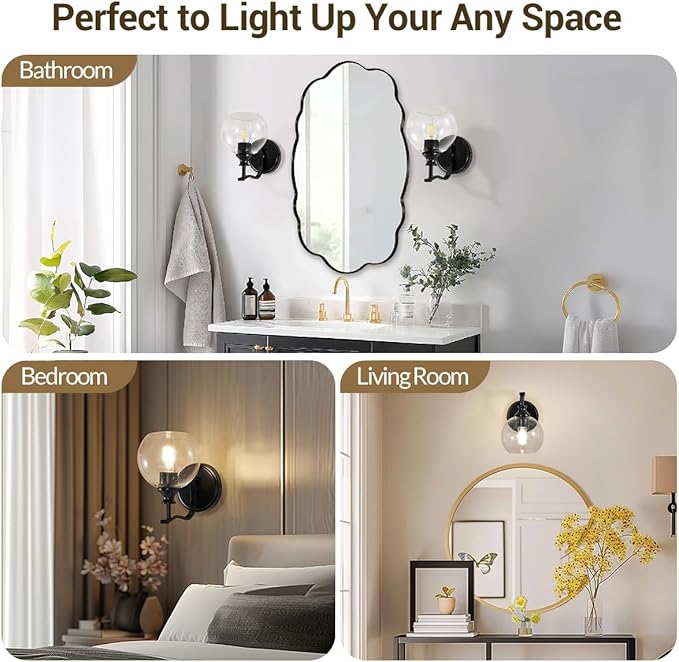 ANDY STAR 1-Light Bathroom Light Fixtures, Black Wall Sconces, Bathroom Vanity Light with Clear Glass Shade, Modern Wall Light Fixtures for Bath Mirror Hallway Bedroom Living Room, Hardwired, E26 Base