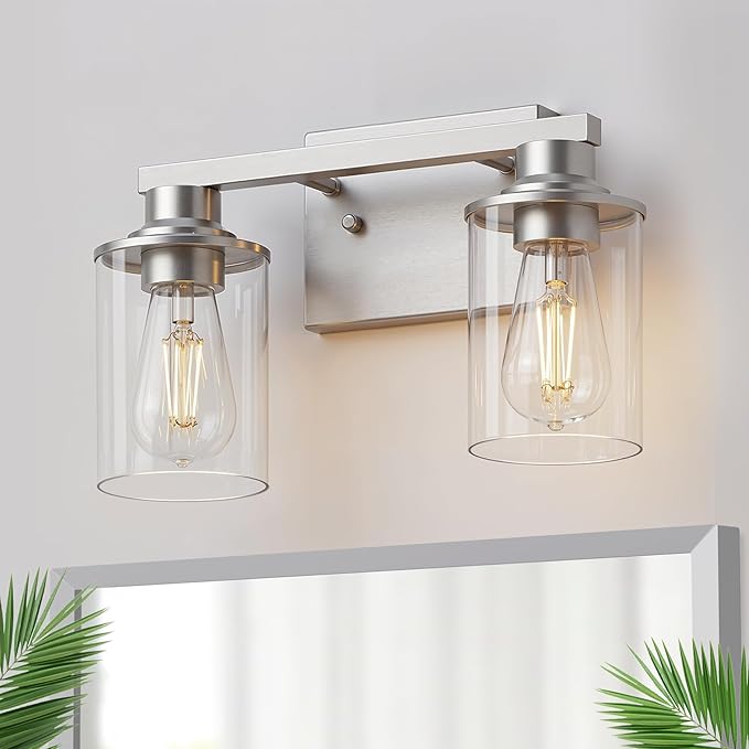 DORESshop Bathroom Light Fixtures, 2-Light Nickel Bathroom Lights Over Mirror with Clear Glass Shade, Vanity Lights for Living Room Bedroom, ETL Listed