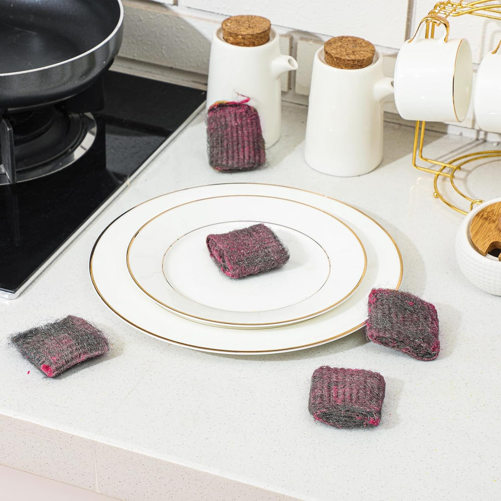 Domensi 100 Pcs Steel Wool Soap Pads Original Red Scent Steel Wool Scrubber Metal Cooktop Cleaning Soap Pads for Scouring Dirt Dish Pot Pan Oven Kitchen Grease and Oil