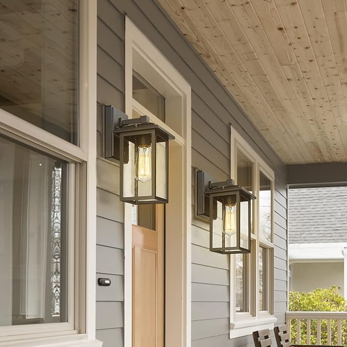 Outdoor Wall Sconces 2 Pack, Exterior Light Lantern Fixtures, Porch Light Lamps Outdoor Wall Mounted in Black Finish with Seeded Glass for House, Garage, Patio, Yard, Garden