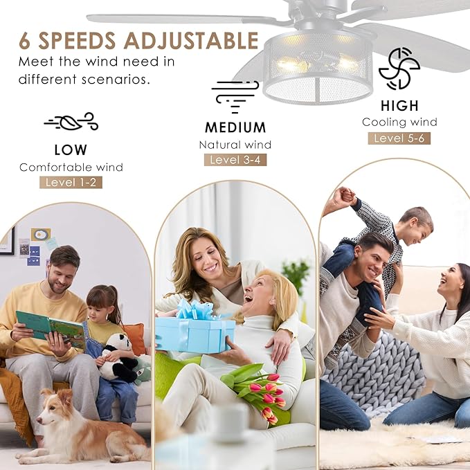 48" Black Farmhouse Ceiling Fan with Light and Remote, Industrial Cage Design, Rustic Flush Mount for Bedroom Living Room, E26 Base, DC Motor, 6-Speed Reversible with Timer, Dual Blades