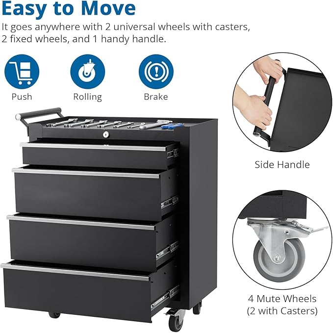 Garvee Rolling Tool Chest, 4 Drawers Tool Storage Cabinet, Toolbox with Wheels, Portable Tool Cabinet Organizer with Locking System & Drawer Liners, Tool Storage Cart for Garage, Workshop, Black