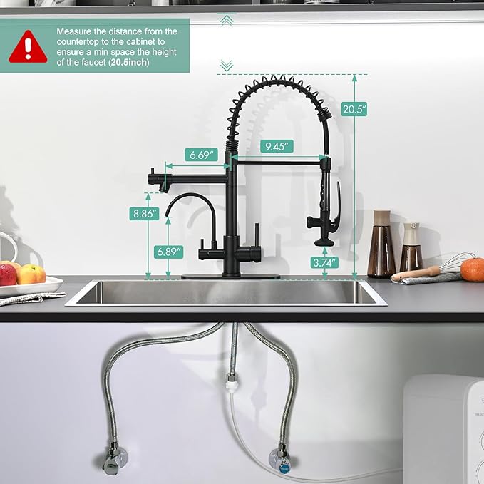 Fapully Commercial Kitchen Faucet with Pull Down Sprayer and Water Filter, Matte Black 3 in 1 Kitchen Faucets with Drinking Water Faucet