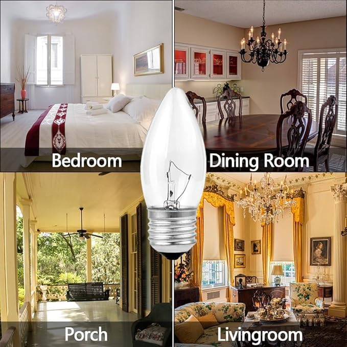 60W Incandescent Torpedo Tip Chandelier, Chandelier Light Bulbs 60 watt, Clear Dimmable, E26 Candelabra Base, Torpedo Transparent Light Bulbs for Chandeliers (10 Pack)