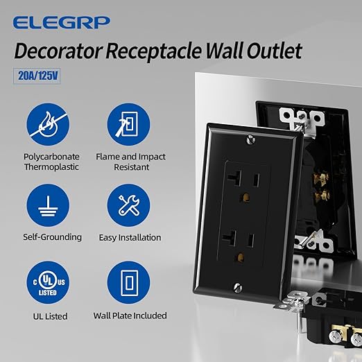 ELEGRP Glossy Black Decorator Electrical Wall Outlet Receptacle, 20A 125V Standard Outlets, 2 Pole 3 Wire, Non-Tamper Resistant, NEMA 5-20R, Self-Grounding, Wall Plate Included, UL Listed, 50 Pack
