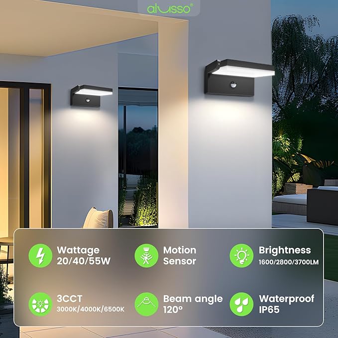 ALUSSO® 20W/40W/55W LED Outdoor Motion Sensor Wall Light, 3000K/4000K/6500K Exterior Lighting Fixtures, 360° Rotatable Wall Pack Lights, Aluminum IP65 Waterproof Sconce for Porch Patio Garage, Black