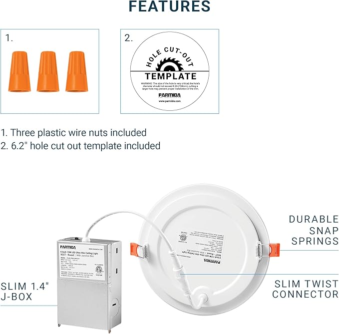PARMIDA (12 Pack) 6 Inch Ultra-Thin LED Recessed Ceiling Light with Junction Box, 12W, Dimmable Canless Wafer Slim Panel Downlight, IC Rated, ETL-Listed - 3000K