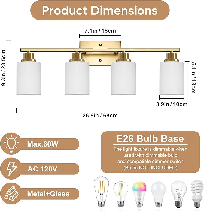Ascher Bathroom Light Fixtures, 4-Light Vanity Light Over Mirror, Gold Wall Sconces with Milky White Frosted Glass Shades, Wall Lamp for Living Room Bedroom, E26 Base(Bulbs Not Included)