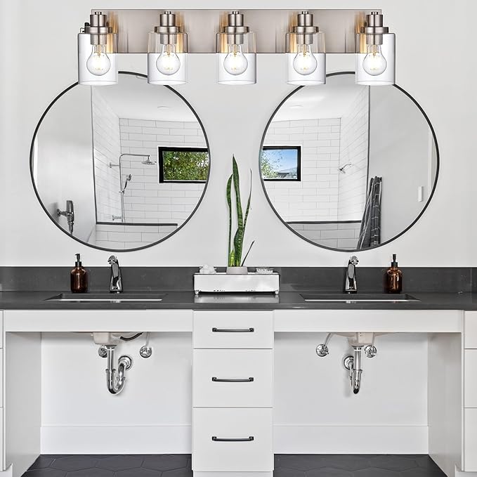 5 Light Brushed Nickel Vanity Lights Bathroom Lighting Fixtures Over Mirror, Modern Bathroom Lights with Clear Glass Shade, Farmhouse Vanity Wall Sconces Lighting for Bedroom Living Room