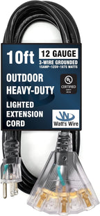Outdoor Extension Cord Waterproof (10 ft) 12 Gauge Heavy Duty Extension Cord Splitter - Lighted Outdoor Extension Cords with Multiple Outlets - Watts Wire - 10' Grounded - extensiones electricas