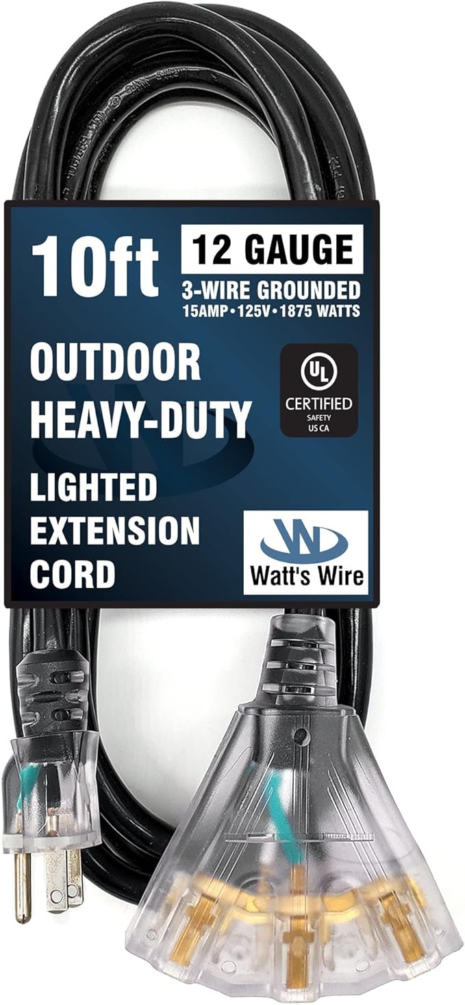 Outdoor Extension Cord Waterproof (10 ft) 12 Gauge Heavy Duty Extension Cord Splitter - Lighted Outdoor Extension Cords with Multiple Outlets - Watts Wire - 10' Grounded - extensiones electricas