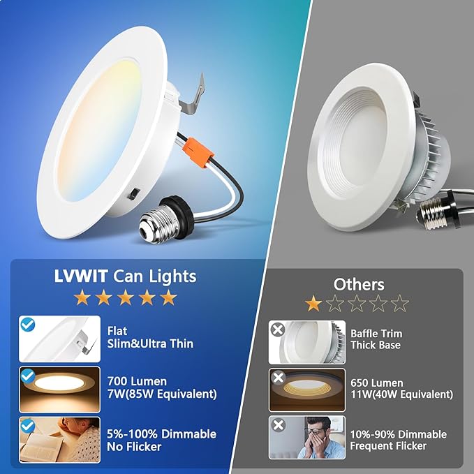 LVWIT 4 Inch LED Recessed Light, Recessed Can Lights Color Selectable 2700/3000/4000/5000/6000K 5CCT, 7W 700LM, Dimmable Led Can Lights with E26 Conversion Kit,Suitable for 4inch Can,24 Pack