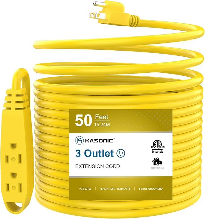 K KASONIC - 50-Feet 3 Outlet Extension Cord, UL Listed, 16/3 SJTW 3-Wire Grounded, 10 Amp 125 V 1625 Watts, Multi-Outlet Indoor/Outdoor Use, Yellow