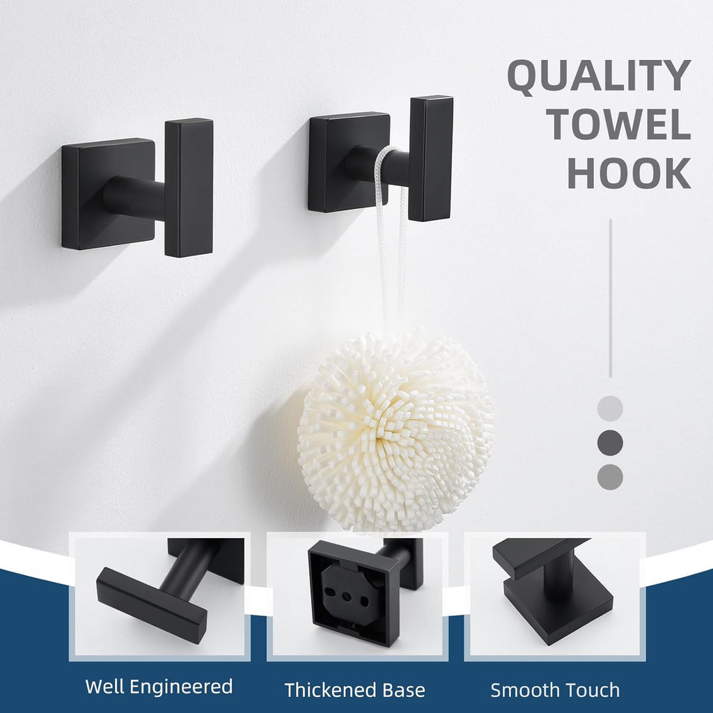 Angle Simple Bathroom Towel Hooks, Stainless Steel Robe Coat Hooks for Wall, Matte Black, 2 Pack
