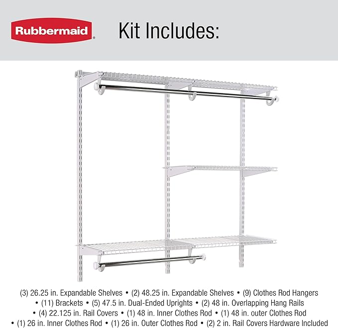 Rubbermaid Configurations Custom Closet Kit 4-8 Ft. Adjustable Metal Wire Shelving White Finish Expandable Organization System Hardware Included for Home Closet/Pantry/Laundry/Mudroom