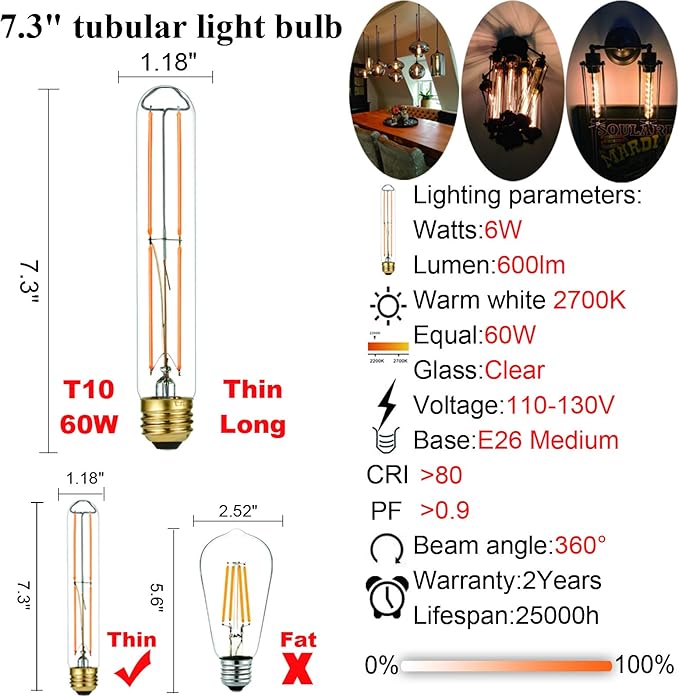 LiteHistory Dimmable E26 Light Bulb 6W Equal 60 watt led Light Bulb AC120V Warm White 2700K Edison 60 Watt 600LM T10 Bulb for Rustic Pendant,Industrial Pipe,Wall sconces,Vanity 6Pack