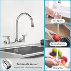 Wall Mount Kitchen Faucet with 8" Gooseneck Swivel Spout, 8 Inch Center Commercial Kitchen Sink Faucet 2 Handle Wall Mount Utility Sink Faucet for Kitchen Restaurant Compartment Sink