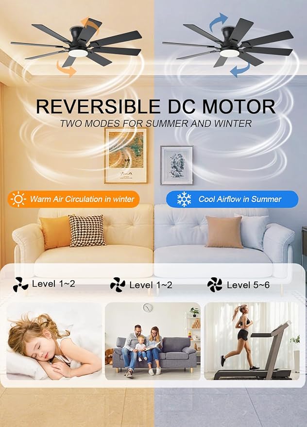 52 inch Ceiling Fan with Light, 6 Speeds Reversible Low Profile Ceiling Fan with Light and Remote/APP Control, 3 Color Temp+Dimmable RGB, 8 Blades, Flush Mount Quiet Ceiling Fans, Black