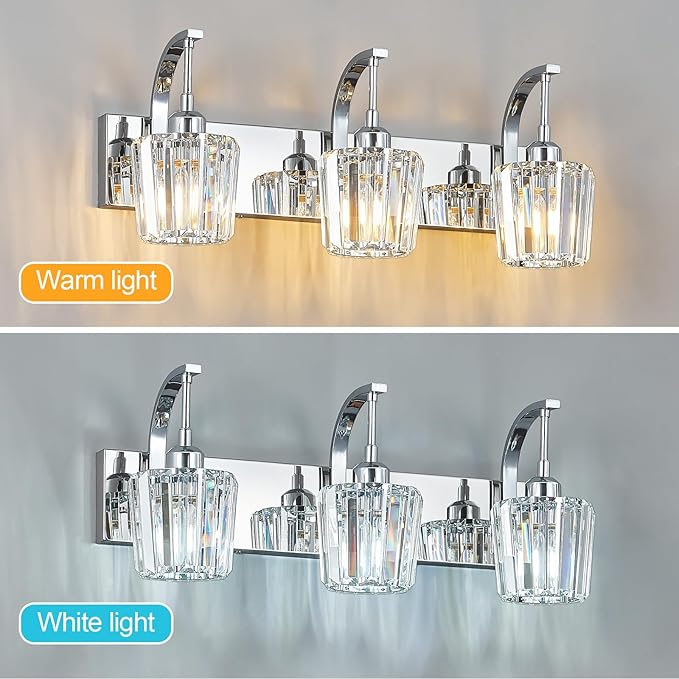 Modern Bathroom Vanity Light, 3-Light Chrome Wall Sconce with Crystal Accents, Over Mirror Bathroom Lighting Fixture, 23.62" Long Dimmable Vanity Lamp for Makeup, Easy Installation