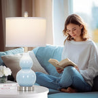 22" Double Gourd Ceramic Table Lamps Set of 2, Blue Modern Bedside Lamps for Living Room, Contemporary Nightstand Desk Lamps for Bedroom End Table Home Office Study Room Decor(2 LED Bulbs Included)