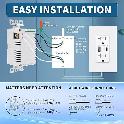 USB Wall Outlet, Charger Outlets Receptacles with 4.2A USB C Ports, 20 Amp Duplex Tamper Resistant Receptacle Plug with Electrical Outlet, Wall Plate Included, ETL Listed，White, 6 Pack