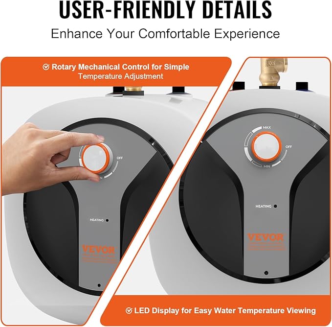 VEVOR Electric Mini-Tank Water Heater 2.5-Gallon Tank, 1440W Hot Water Boiler Storage, Safety Temperature Pressure Valve Easy Install, for Kichen Bathroom Restaurant, Shelf Wall Floor Mounted