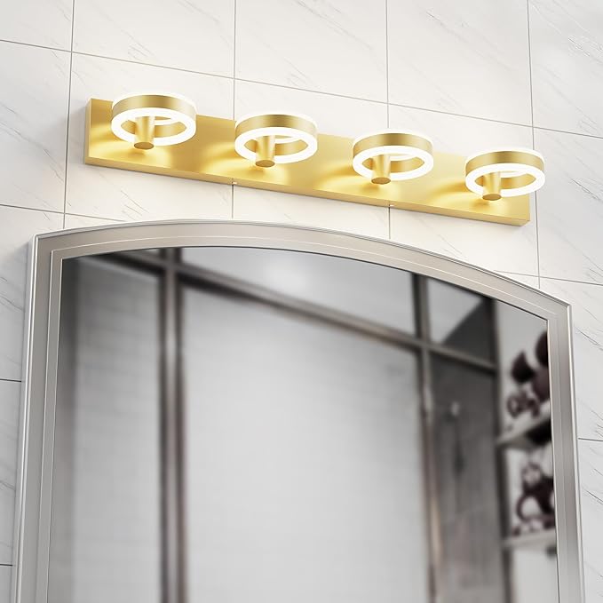LED Bathroom Light Fixtures, 33inch Gold Vanity Lights, Modern 4 Light Acrylic Wall Sconces, 350° Rotatable Wall Lighting Fixture Over Mirror