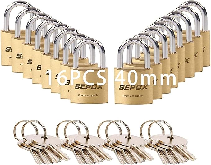 SEPOX 16 Pcs 40mm Heavy-Duty Solid Brass Padlocks with Same Keys 24 Pcs, Weather Proof Body 40mm 1-9/16", Anti-Rust & Anti-Cut Shackle, Outdoor Lock Keyed Alike for Gates, Shed, Fence, Gym Locker